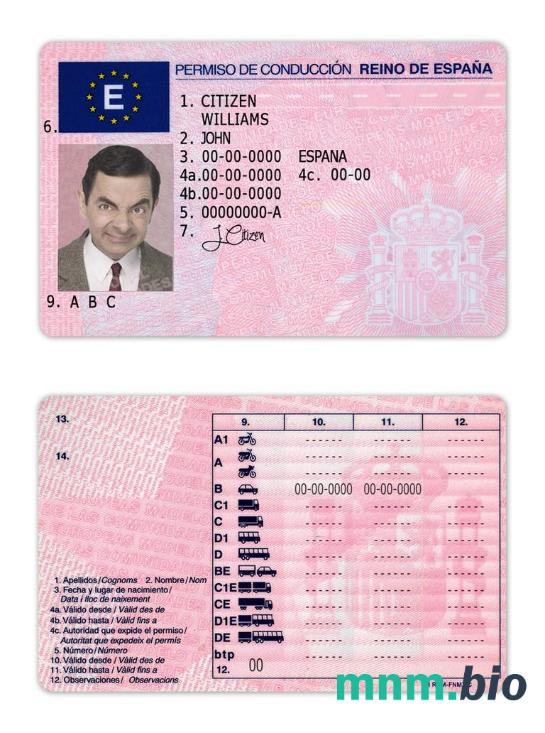 Szablon prawa jazdy w Hiszpanii w formacie PSD, ze wszystkimi czcionkami